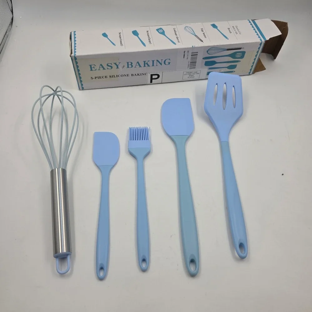 Easy Baking 5 Piece Silicone Kitchen Utensil Set Blue Spatula Whisk Brush BPA L4